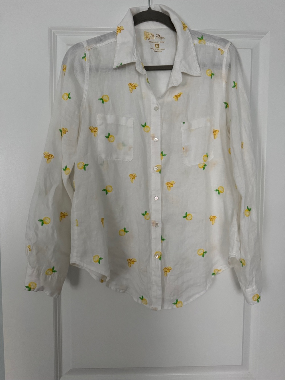 Lilly Pulitzer White Sheer Button-Up Blouse with Yellow Lemon Print